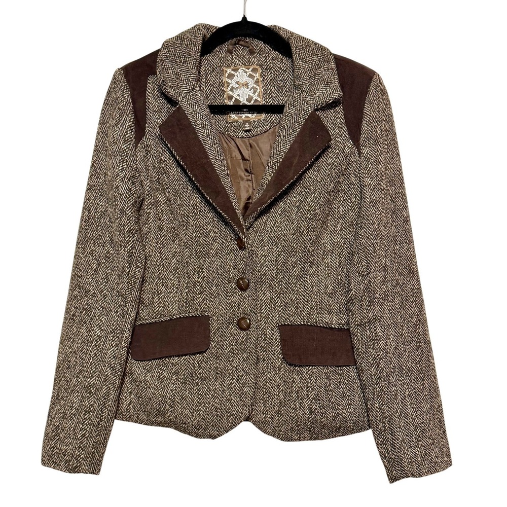 Women's Brown Herringbone Blazer with Suede Trim RL Vibes